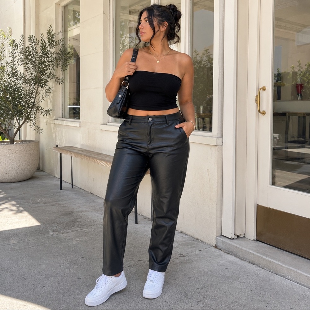 High-Rise Faux Leather Straight Leg Pants - Black